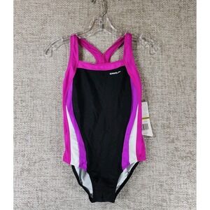Speedo One Piece Racerback Swimsuit Girls 14 Black Pink Purple Lined NEW